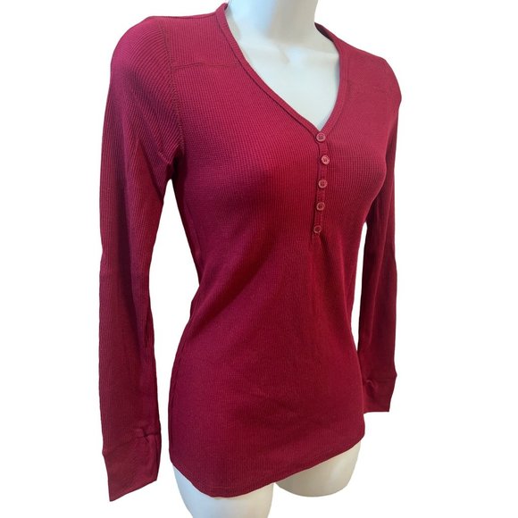 Burgundy Thermal Waffle V-Neck Knit Long Sleeve Top Size Small - Picture 3 of 6